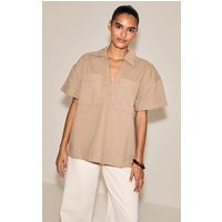 Stone Boxy Pocket Detail Short Sleeve Denim Rugby Shirt | PrettyLittleThing UK