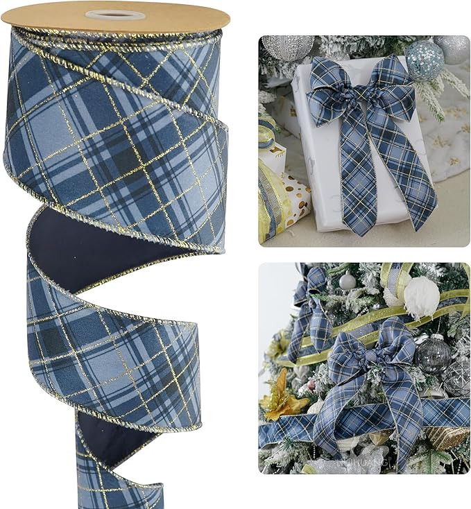 HUIHUANG Blue and Gold Plaid Christmas Ribbon 2.5 inch Blue Velvet Wired Ribbon for Christmas Tre... | Amazon (US)