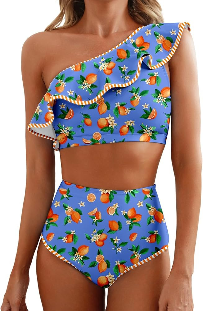 Herseas Women's One Shoulder Bikini Sets Color Block Trim Ruffle Hem Swimsuits Elegant Bathing Su... | Amazon (US)