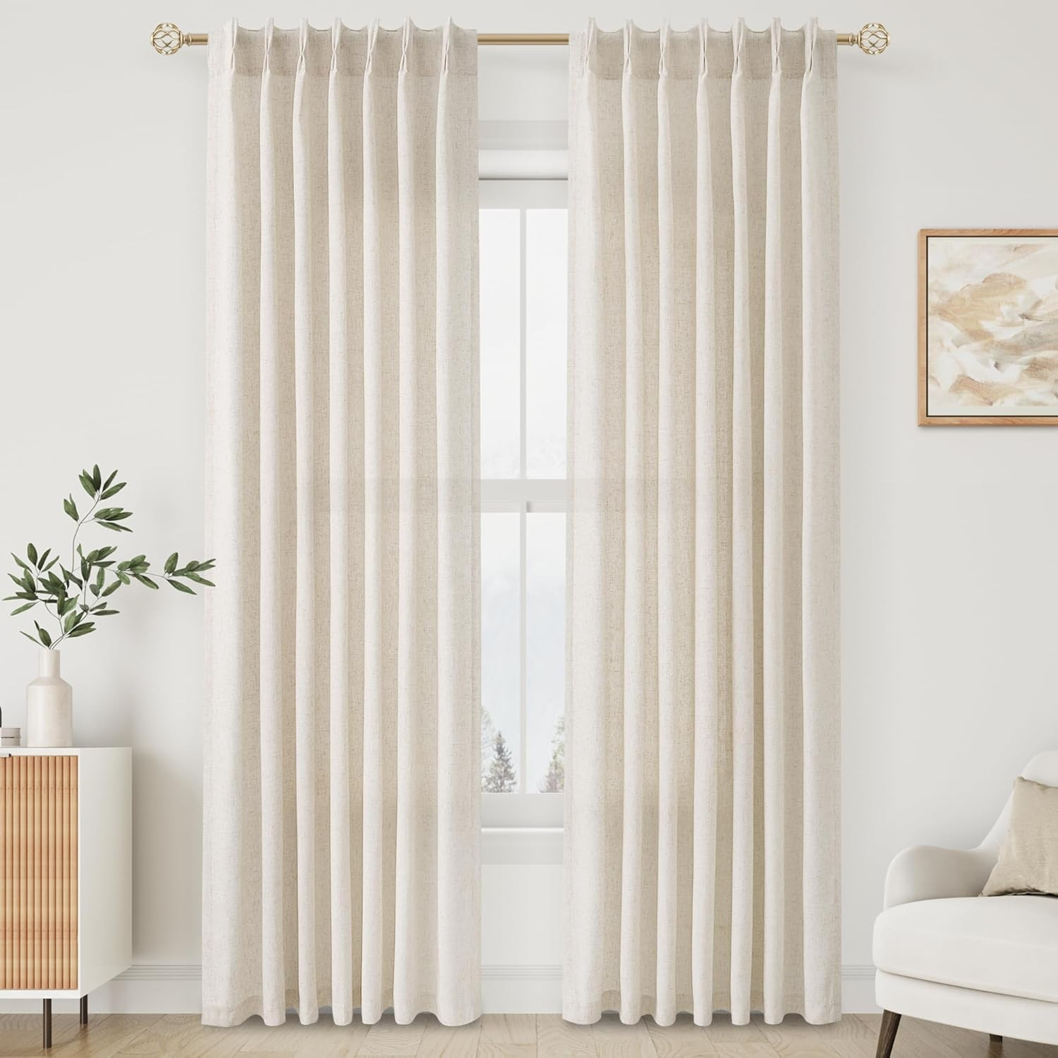 Pleated Linen Curtains 96 Inches Long for Living Room 2 Panel Set Cream Ivory Beige Semi Sheer Li... | Amazon (US)
