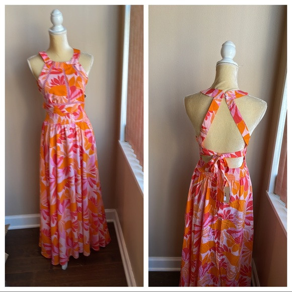 Abel the Label Anthropologie Rumi Maxi Dress NWT Orange Pink Sexy Back | Poshmark