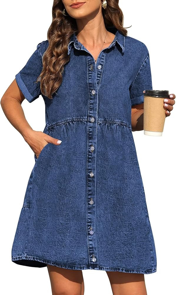 KDF Denim Dress for Women with Pockets Short Sleeve Babydoll Denim Shirt Dresses for Women 2024 | Amazon (US)