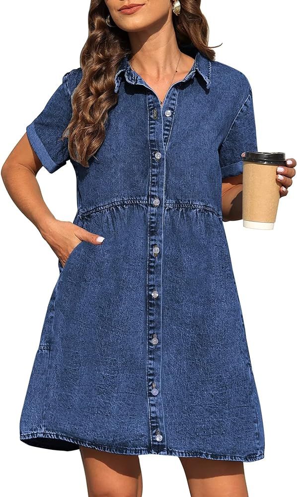 KDF Denim Dress for Women with Pockets Short Sleeve Babydoll Denim Shirt Dresses for Women 2024 | Amazon (US)