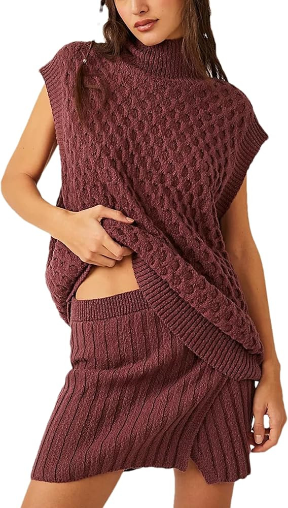 Bozanly Womens 2 Piece Sweater Set Mock Neck Cap Sleeve Knit Vest Split Mini Skirt Outfits | Amazon (US)
