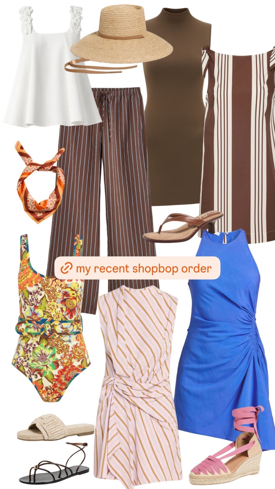 Obsessed is an understatement… my latest Shopbop order is very ready for spring and summer ☀️

I grabbed a mix of easy staples and a few standout pieces that you can wear on repeat. The brown striped pants are that effortless throw-on pair that instantly looks polished (with a tank now, a knit later), and the chocolate sleeveless top is one of those layering basics that goes with literally everything.

The white ruffle strap top feels a little more special than your average tank, perfect for dinners or weekend plans, and I love it paired back to the striped set for a soft, tonal look. Also added this neutral striped dress that works for everything from casual days to vacation dinners.

For vacation mode: the blue draped mini is such a fun pop of color, and the floral one-piece + straw hat combo is already coming with me to the beach. The silk scarf is an easy add for your hair or tied on a bag, and I’ve been living in these simple sandals + espadrilles depending on the day.

#LTKSeasonal