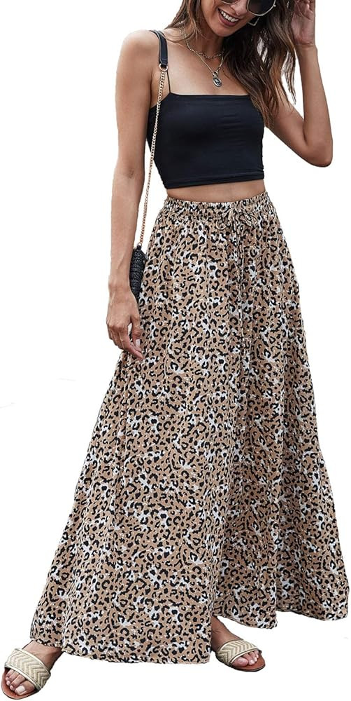 Bluetime Women Leopard Print Long Skirts Chiffon Summer Beach Pleated Elastic High Waisted Maxi Skir | Amazon (US)
