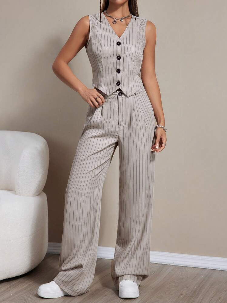 SHEIN ChicEase Women Summer Striped Single-Breasted Suit Vest And Pants Loose Casual Daily Workwe... | SHEIN