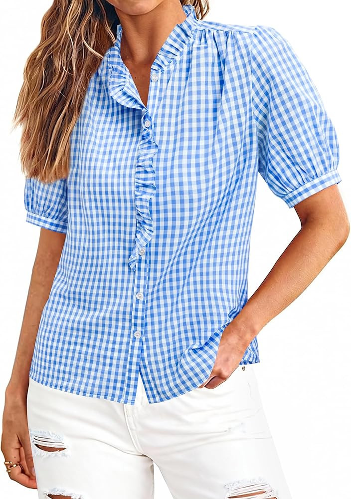 siliteelon Women Plaid Shirt Gingham Short Sleeve Top Button Down Ruffle V Neck Dress Shirts Cott... | Amazon (US)