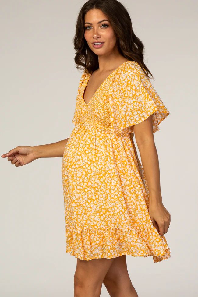 Yellow Floral Smocked Ruffle Maternity Dress | PinkBlush Maternity