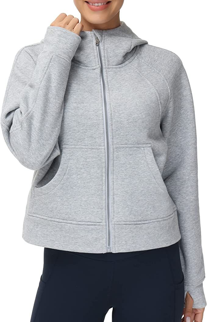 Women's Full-Zip Up Hoodies Jacket Fleece Workout Crop Tops Sweatshirts with Pockets Thumb Hole | Amazon (US)