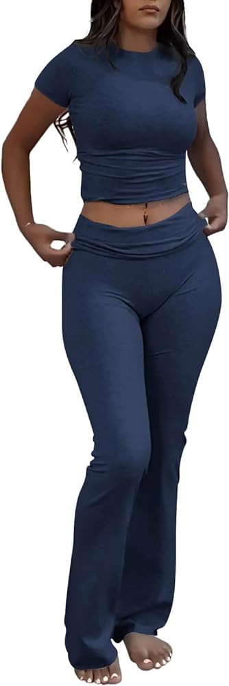 ZFLM Casual Workout Two Piece Outfits for Women Short Sleeve Crop High Waist Foldover Flare Pants... | Amazon (US)