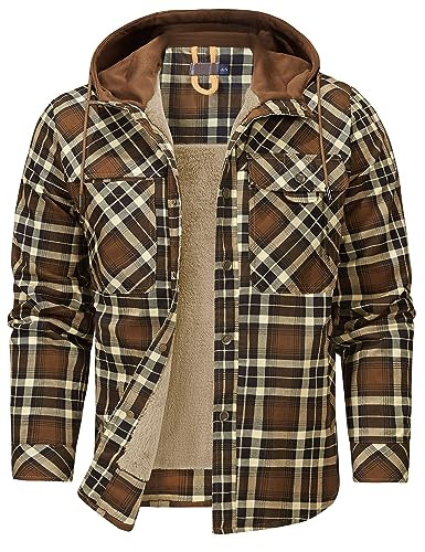 Flygo Men's Flannel Jacket Loose Plaid Sherpa Lined Flannel Shirt Snap Button Warm Winter Jackets Pockets(02HoodedBrown-XXL) | Amazon (US)