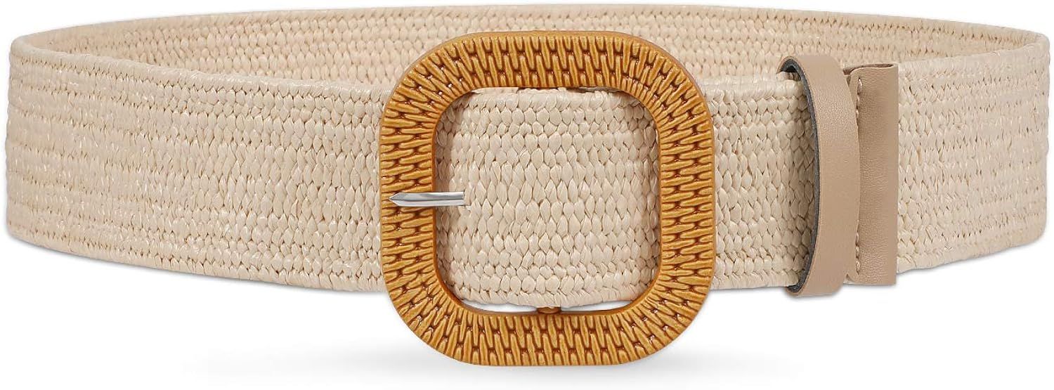 Fashion Wide Straw Woven Elastic Stretch Waist Band Belt Summer Bohemian Ladies Beach Dress Belts | Amazon (US)