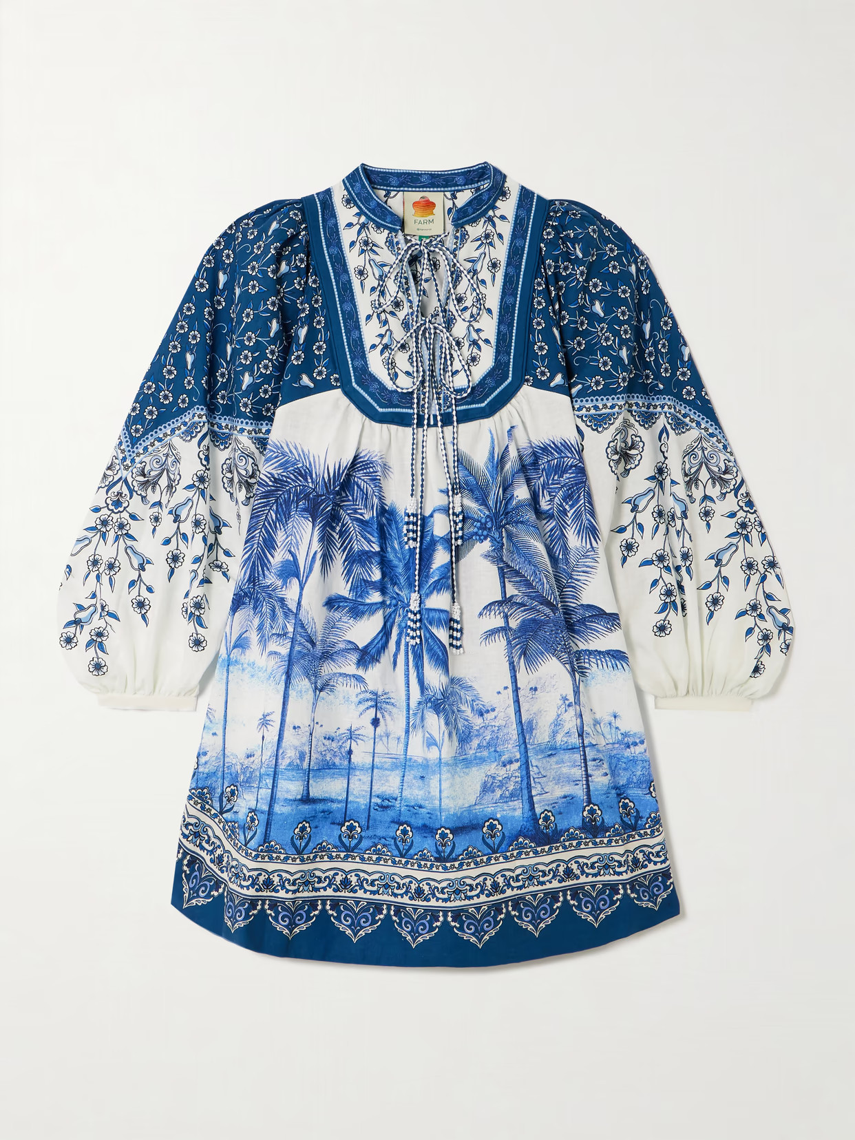 Farm Rio - Palm Tree Beach Printed Linen-blend Mini Dress - Blue | NET-A-PORTER (US)