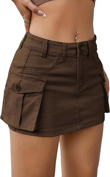 EARKOHA Womens Denim Cargo Mini Skirt Y2K Fall Jean Skirts Flap Pockets | Low Waist Button Bodyco... | Amazon (US)