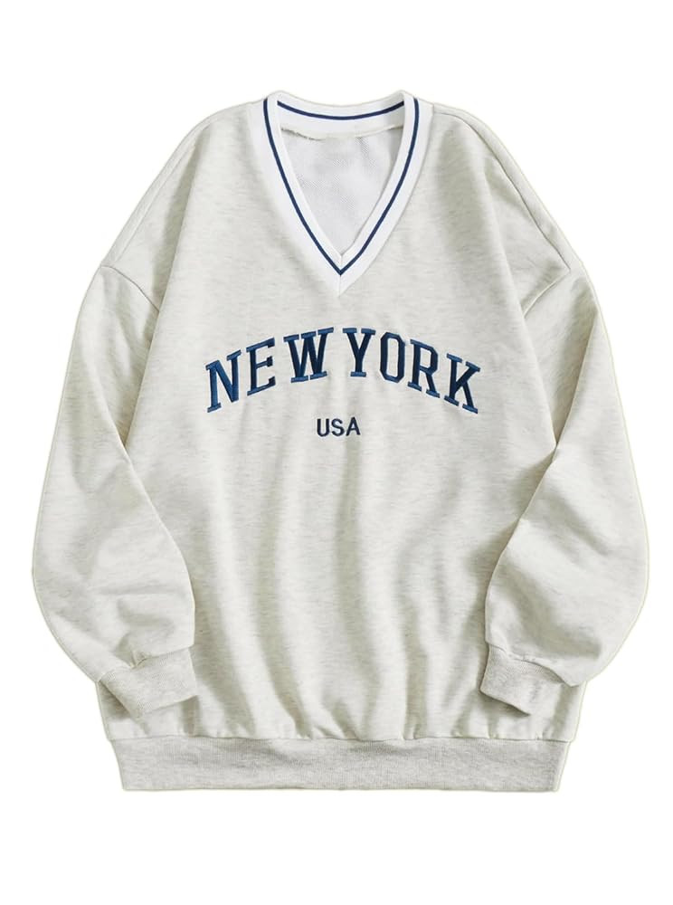 Remidoo Womens New York Embroidered V Neck Sweatshirt Oversized Long Sleeve Pullover Top | Amazon (US)