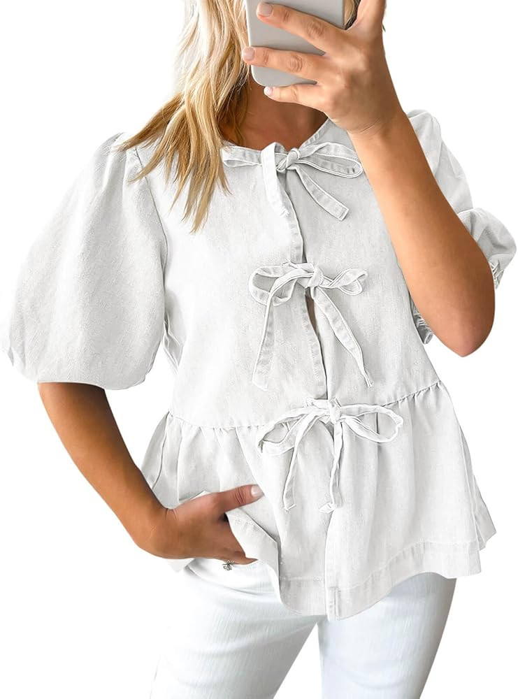 Tankaneo Womens Denim Tie Front Tops Babydoll Peplum Puff Sleeve Jean Shirts Crew Neck Summer Cas... | Amazon (US)