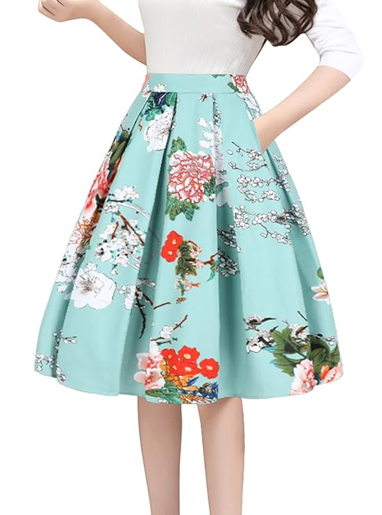 Tandisk Women's Vintage A-line Printed Pleated Flared Midi Skirts with Pockets | Amazon (US)