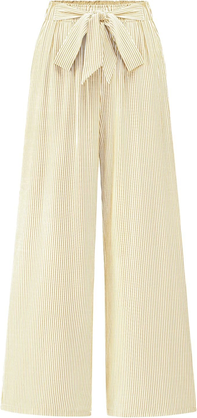 BTFBM Womens Striped Wide Leg Pants Dressy High Waist Trousers Business Casual Loose Flowy Tie Kn... | Amazon (US)