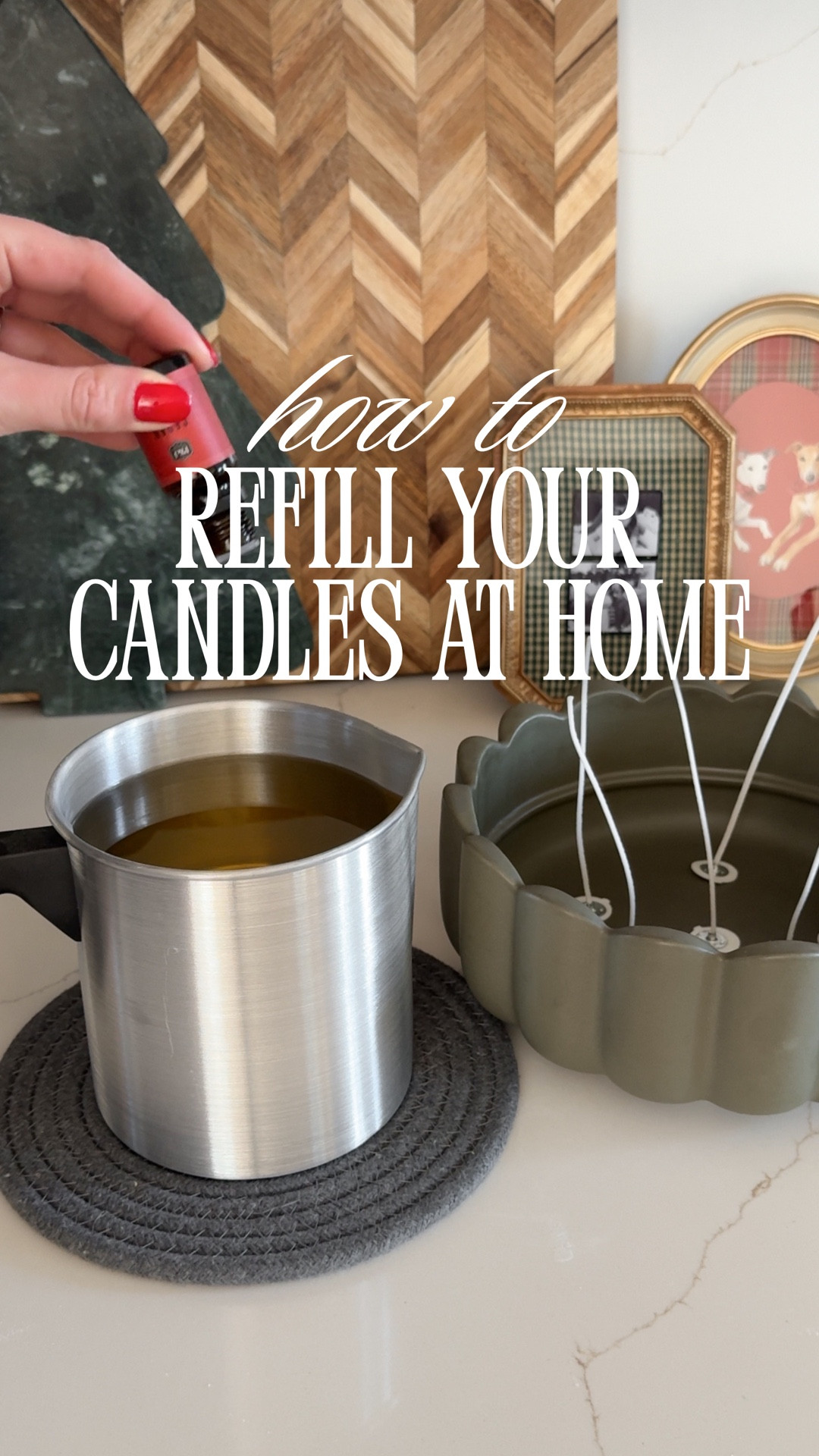 How to refill your candles at home!!! We have done this a few times, but it’s been awhile and this was my first time doing this big of a candle! I would say it was a success 🕯️

Linking all the supplies PLUS my candle!

What you’ll need:
- Candle container
- Candle wicks
- Wick stickers
- Scented oil
- A pot to melt your wax
- Wax 
- Stir Stick

Notes:

🕯️ Freeze your old candle overnight to easily get remaining wax out

🕯️ Wash container warm water and soap + dry thoroughly before refilling

🕯️Use tape or chopsticks to get your wicks to stand up straight

🕯️Immediately wipe out wax melting container + stir stick after use for easy cleanup

🕯️ For this size candle I used a 2lb bag of wax

