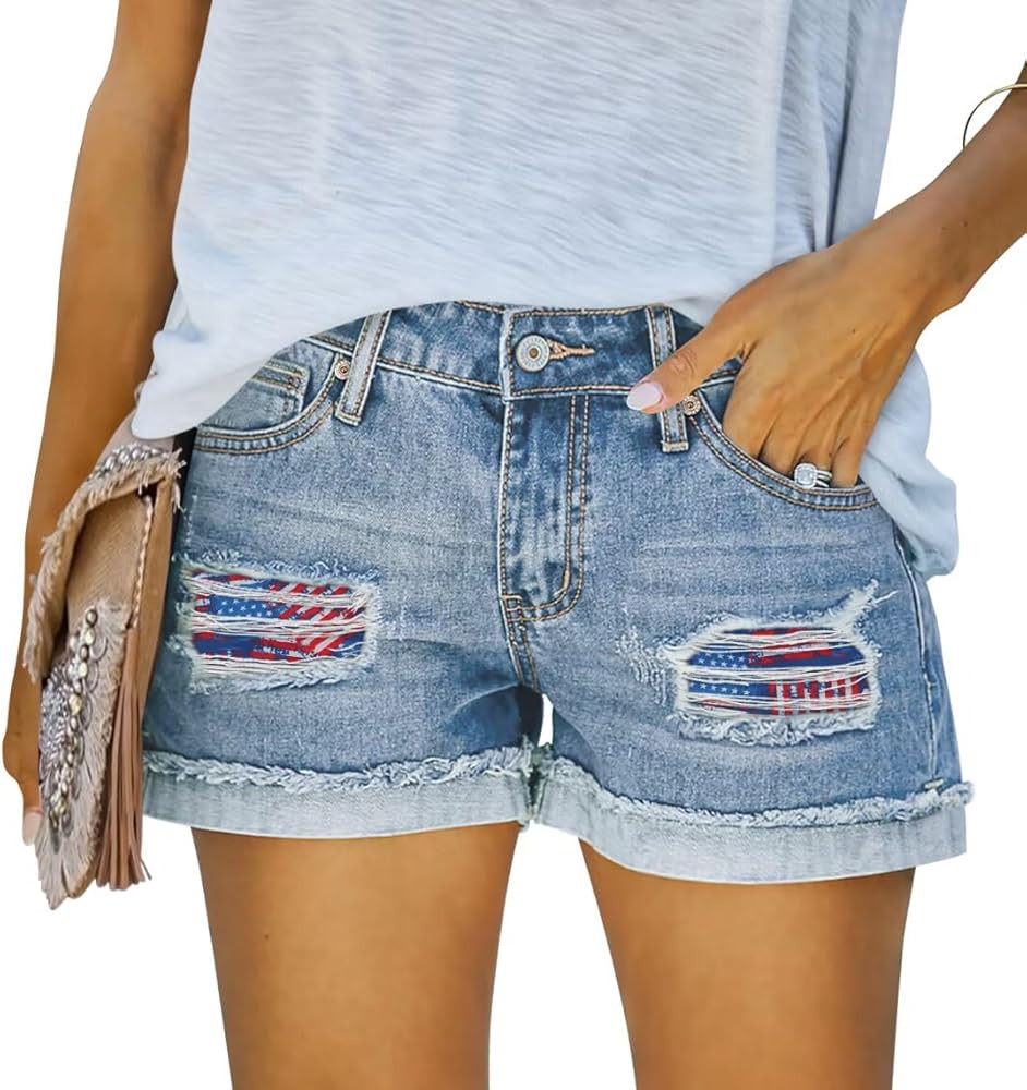 Magritta Womens Shorts for Summer Folded Hem Stretchy Ripped Jeans Light Flag XXL at Amazon Women... | Amazon (US)