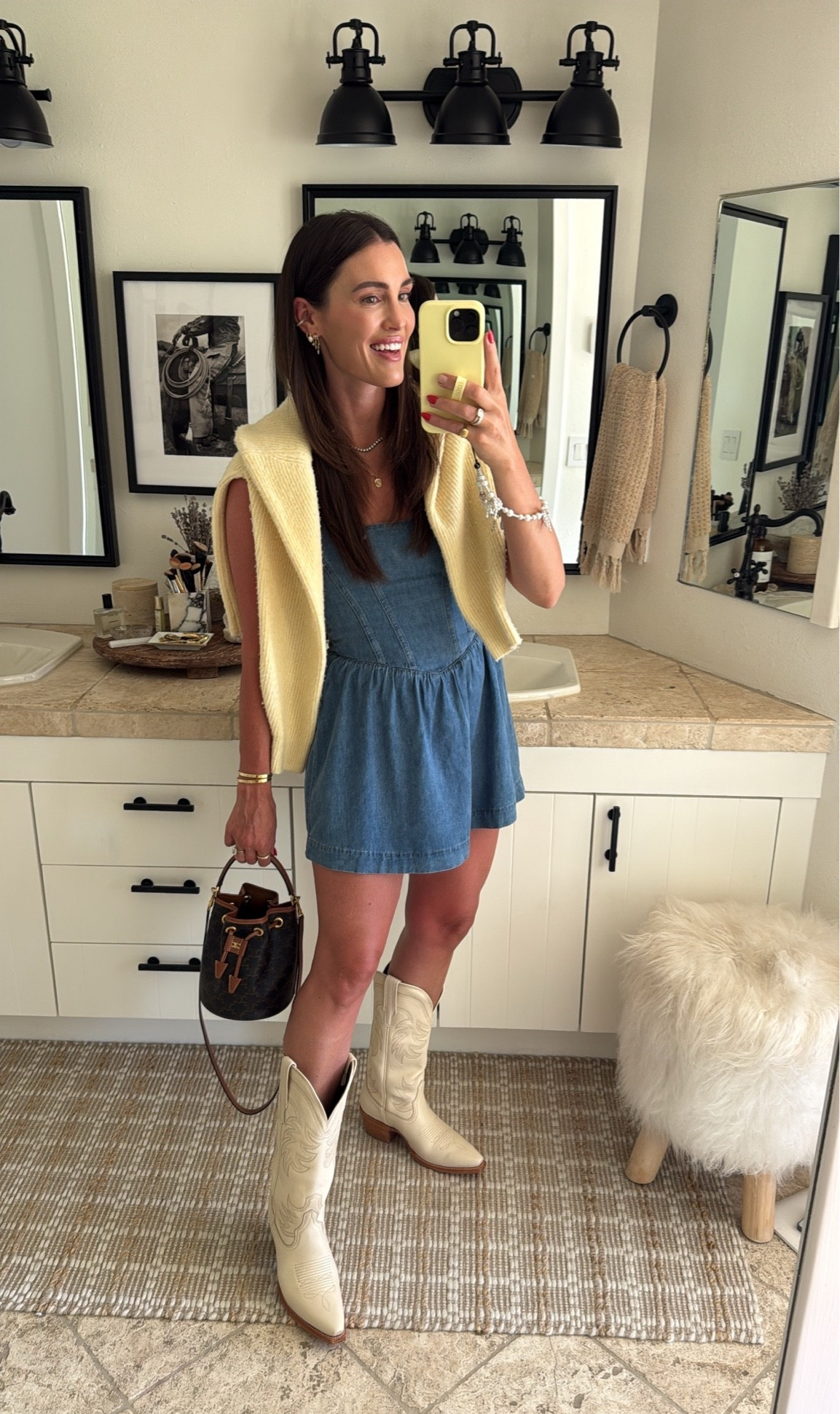 Summer dress outfit🤍 wearing a small in this denim skort dress 🙆🏻‍♀️ New white cowboy boots fit tts!

#LTKootd #LTKSeasonal