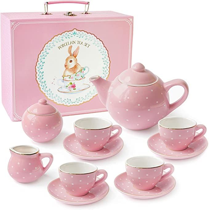 Jewelkeeper Porcelain Tea Party Set for Little Girls, Pink Polka Dot Design, 13 Pieces + Carrying... | Amazon (US)