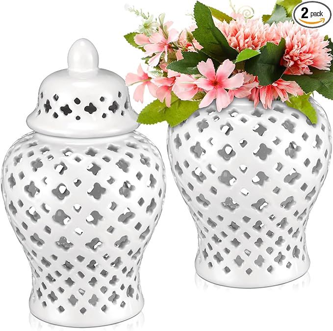 Zhehao Modern White Ceramic Ginger Jars with Lid, 2 Pcs, Engraved and Pierced Design, Ideal for H... | Amazon (US)