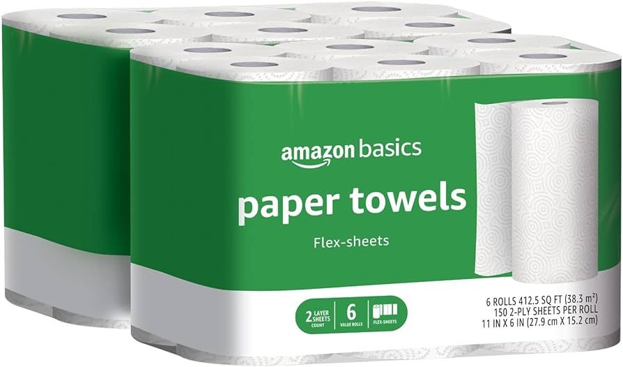 Amazon Basics 2-Ply Paper Towels, Flex-Sheets, 150 Sheets per Roll, 12 Rolls (2 Packs of 6), Whit... | Amazon (US)