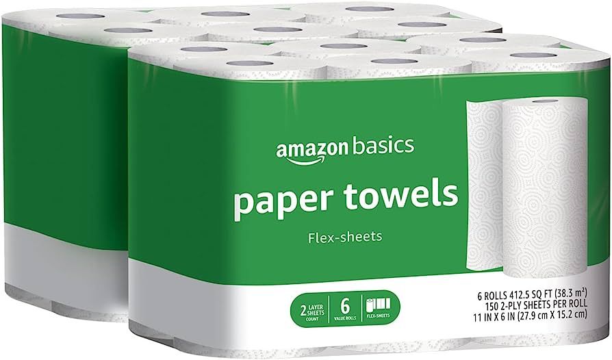 Amazon Basics 2-Ply Paper Towels, Flex-Sheets, 150 Sheets per Roll, 12 Rolls (2 Packs of 6), Whit... | Amazon (US)