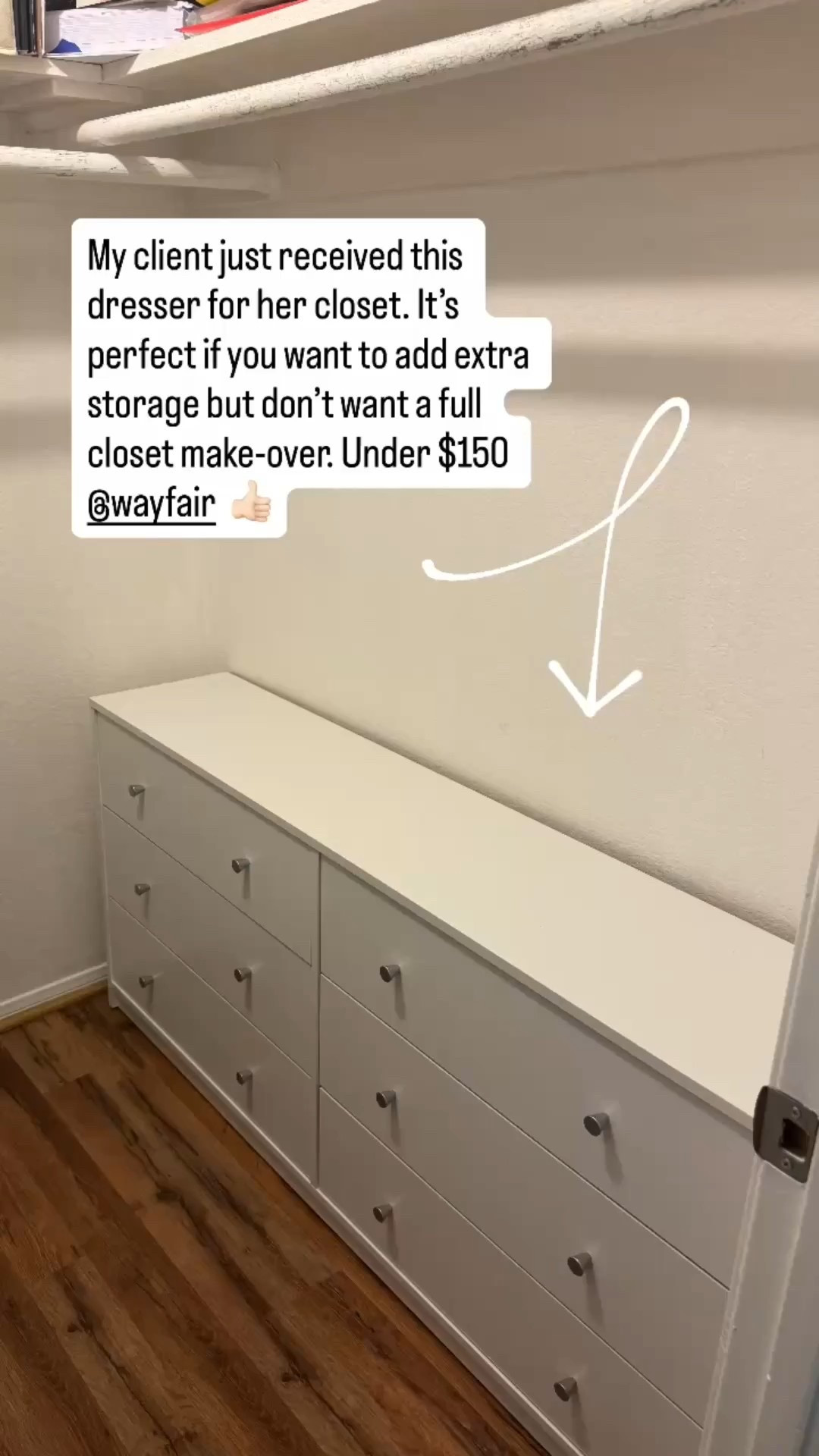 This white double dresser is the perfect solution for a closet built-in look without doing a full renovation. 

The low, narrow profile fits neatly inside a wall-in closet, making it ideal for adding drawer storage while still allowing you to hang clothes above it.

I love using dressers like this to create a custom closet feel—socks, denim, sweaters, and accessories tucked away below, with shirts and dresses hung neatly overhead. The clean white finish keeps closets feeling bright, open, and organized, especially in smaller spaces.

Perfect for reach-in closets, bedroom closets, kids’ closets, or primary closet upgrades when you want function without sacrificing style.

#LTKHome #LTKKids #LTKmomlife