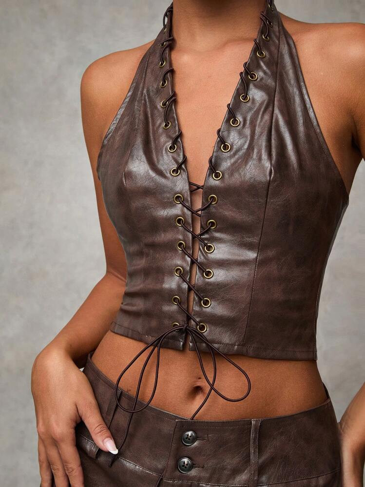 SHEIN BAE Women's Dark Brown Summer Halter Cropped Corset Tank Top,Vintage Sexy Distressed Leather Hollowed Concert Costumes,Homecoming Back To School Club Rave | SHEIN