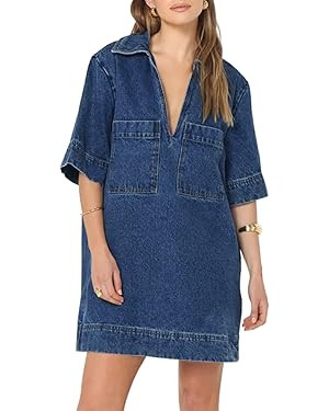 Fisoew Womens Denim Shirt Dress Summer Collared V Neck Mini Casual Jean Dresses with Pockets | Amazon (US)