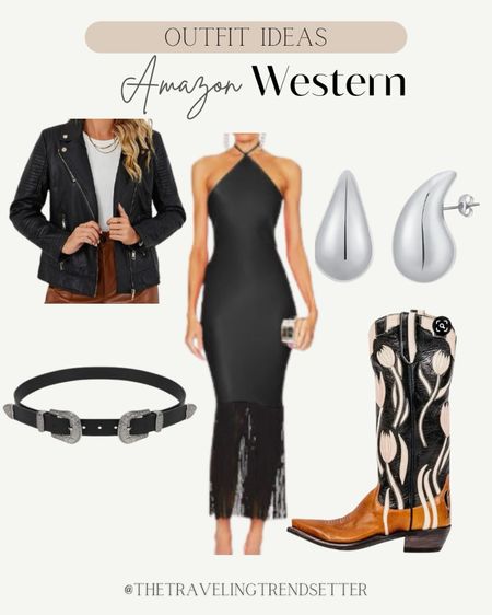 Amazon western fashion finds - western outfit - formal - winter - rodeo Houston - black midi fringe dress, black leather jacket, black belt, silver earrings, cowboy boots


#LTKworkwear #LTKfindsunder50 #LTKstyletip