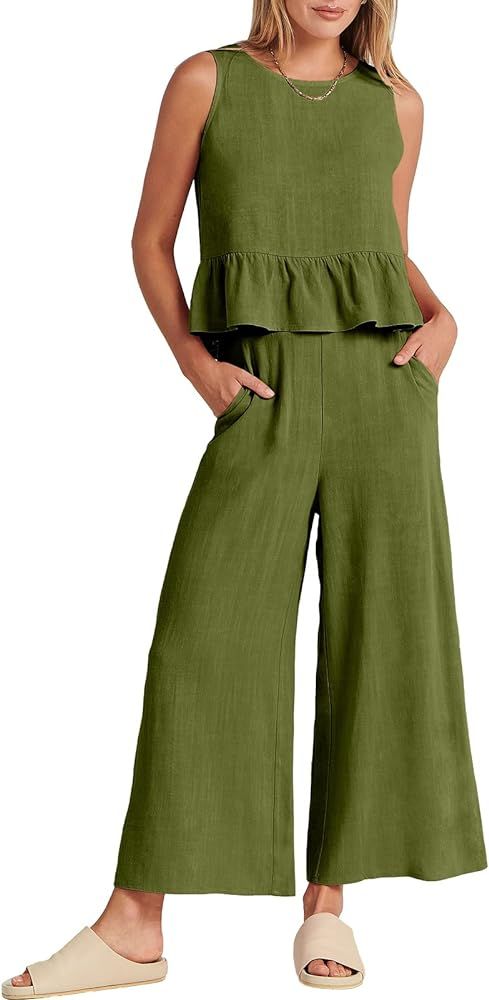 ANRABESS Women Summer 2 Piece Outfits Sleeveless Tank Crop Top Wide Leg Pants Linen Jumpsuits Lou... | Amazon (US)