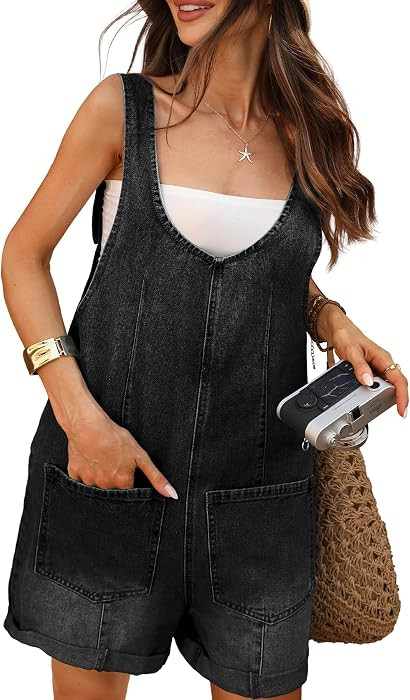 ELLEVEN Women's Summer Denim Overall Shorts Romper \u2013 Loose Fit with Large Front Pockets | Amazon (US)