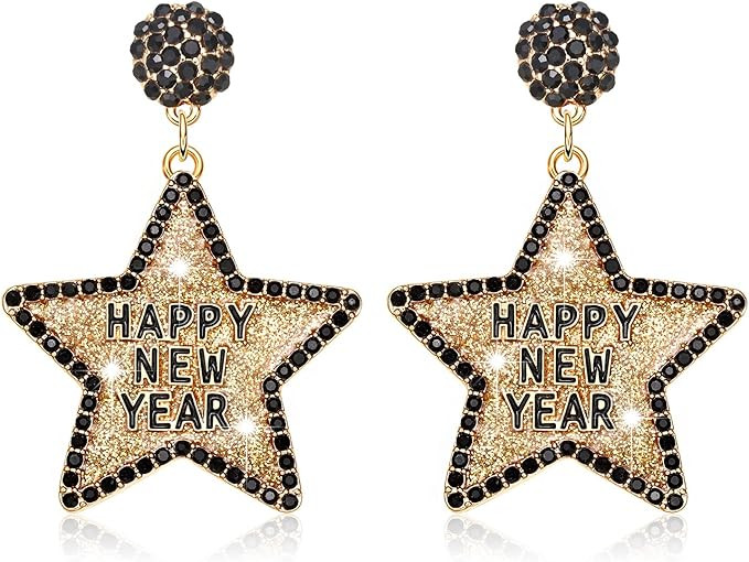 Happy New Year Earring for Women Glitter Rhinestone Star Dangle Earrings Holiday New Year’s Eve... | Amazon (US)