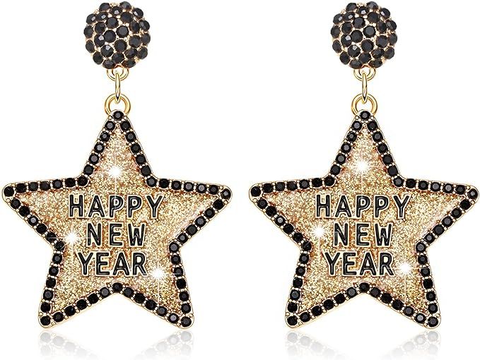 Happy New Year Earring for Women Glitter Rhinestone Star Dangle Earrings Holiday New Year’s Eve... | Amazon (US)