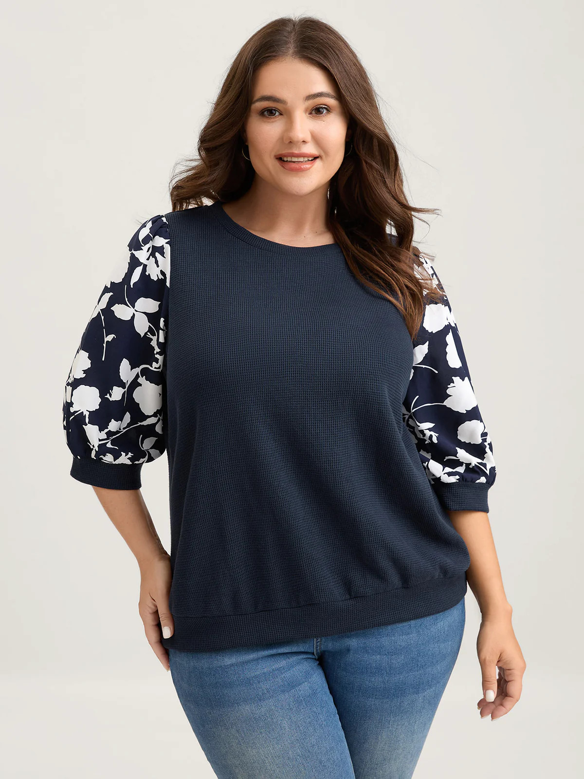 Textured Floral Puffy Sleeve Sweatshirt | Bloomchic