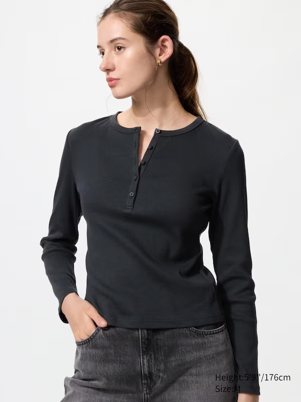 Ribbed Henley Neck T-Shirt (Long Sleeve) | UNIQLO (UK)