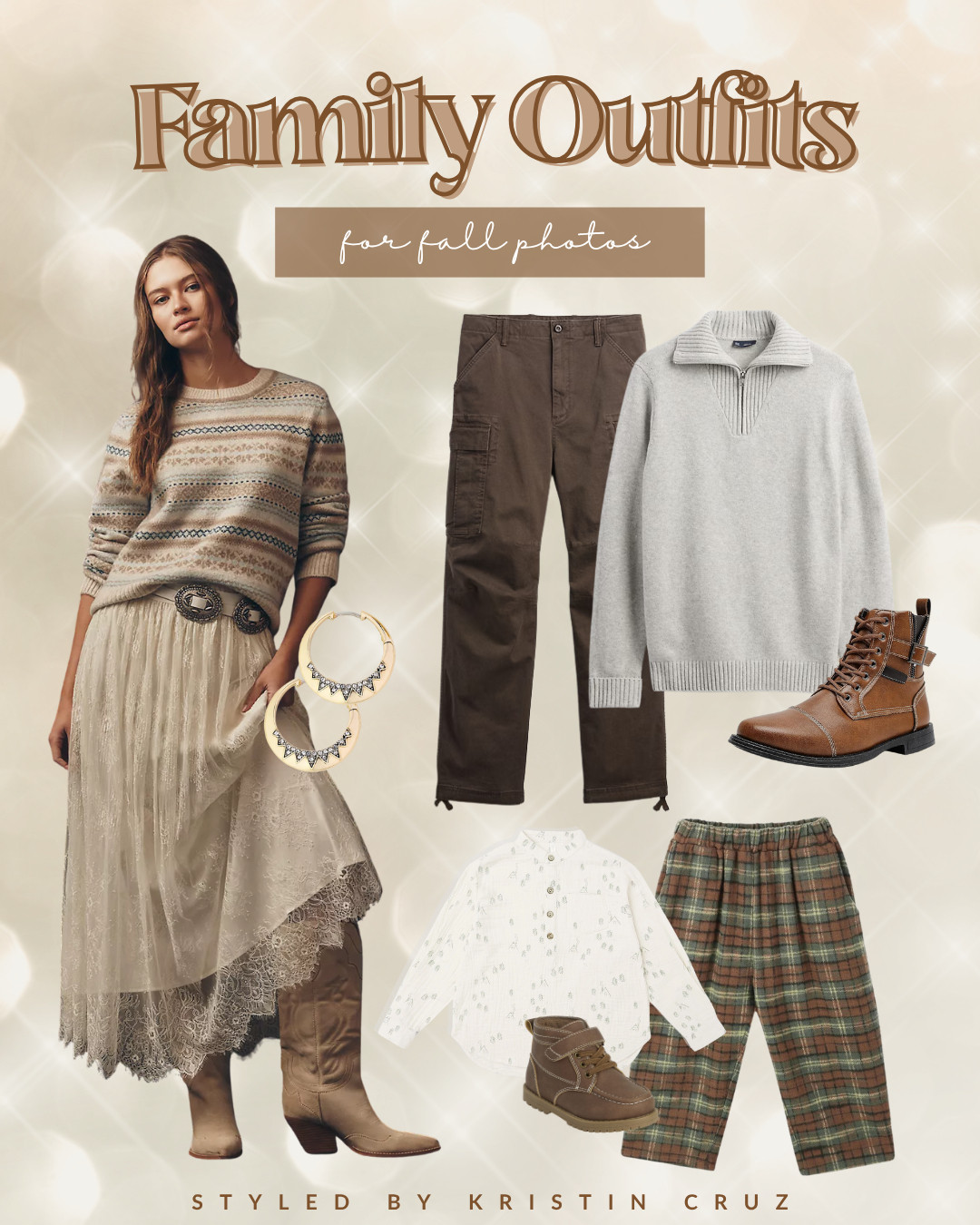 Loving this layered look! Fair isle sweater with lace midi skirt, cargo pants, quarter-zip sweater, plaid flannel pants—neutrals with pops of pattern in cream, taupe, olive, and rust that create such a stylish vibe for family photos. 

 #LTKSeasonal #LTKStyleTip #LTKFamily