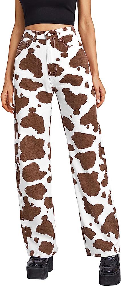 WDIRARA Women's Cow Print High Waist Wide Leg Jeans Casual Long Denim Pants | Amazon (US)