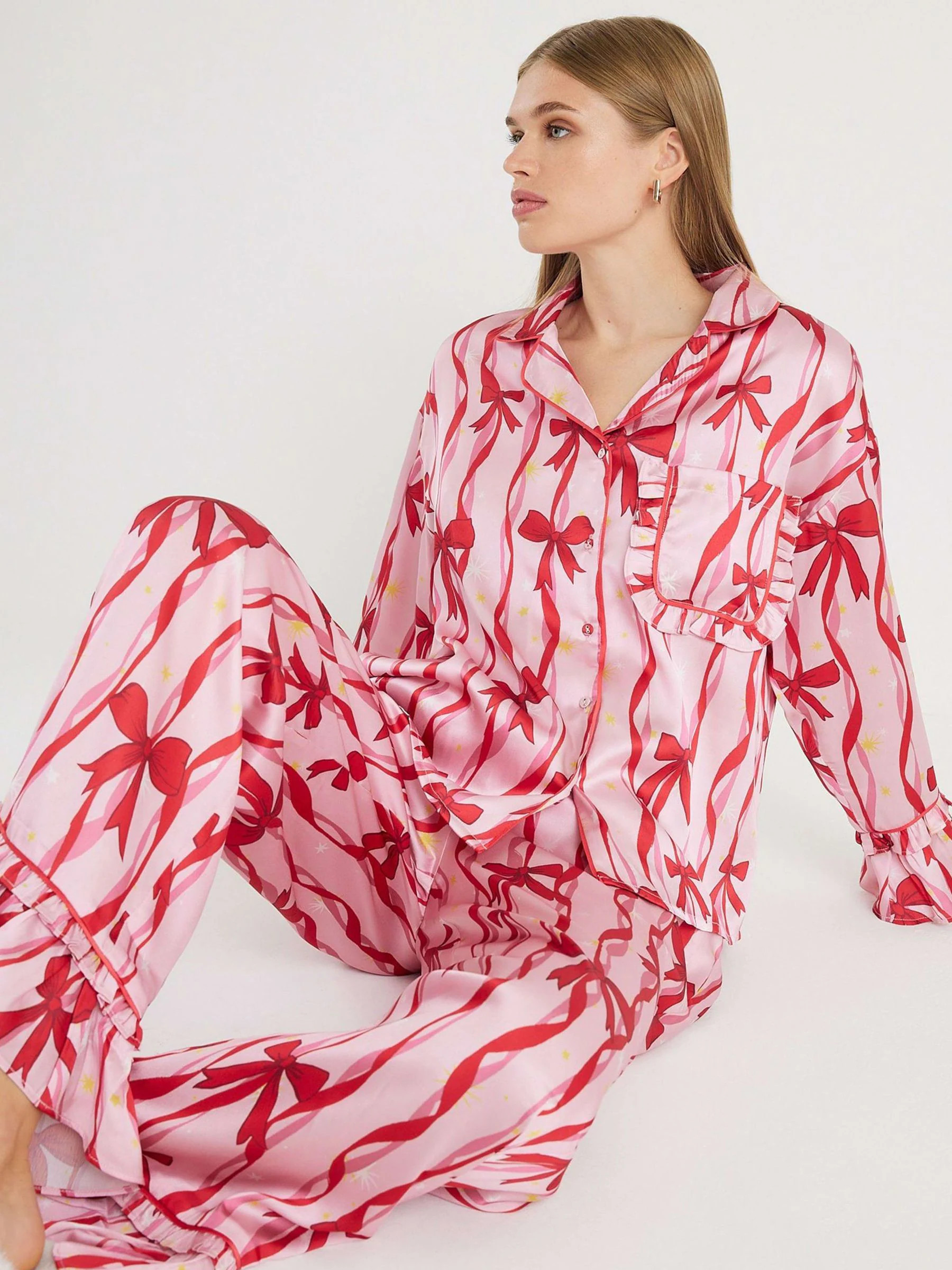 River Island River Island Pink Matching Family Bow Print Satin Pyjama Set | Next US