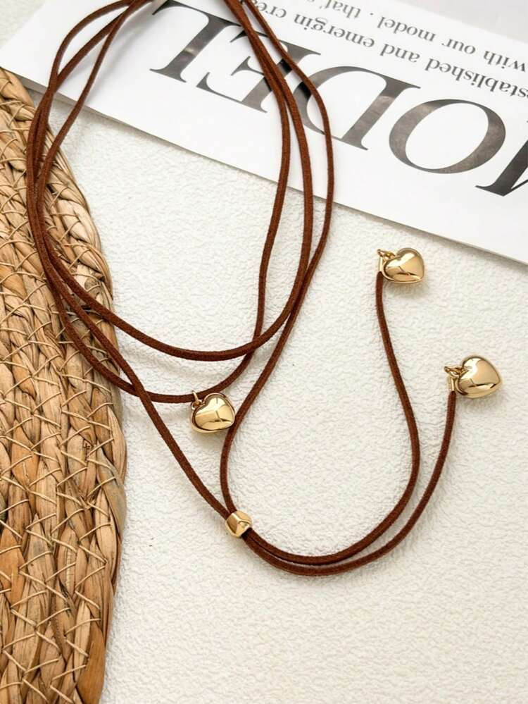 1pc Multi-Layer Leather Rope Heart Necklace Choker, Short Necklace, Sweet & Cool Layered Necklace, Suitable For Daily Wear | SHEIN