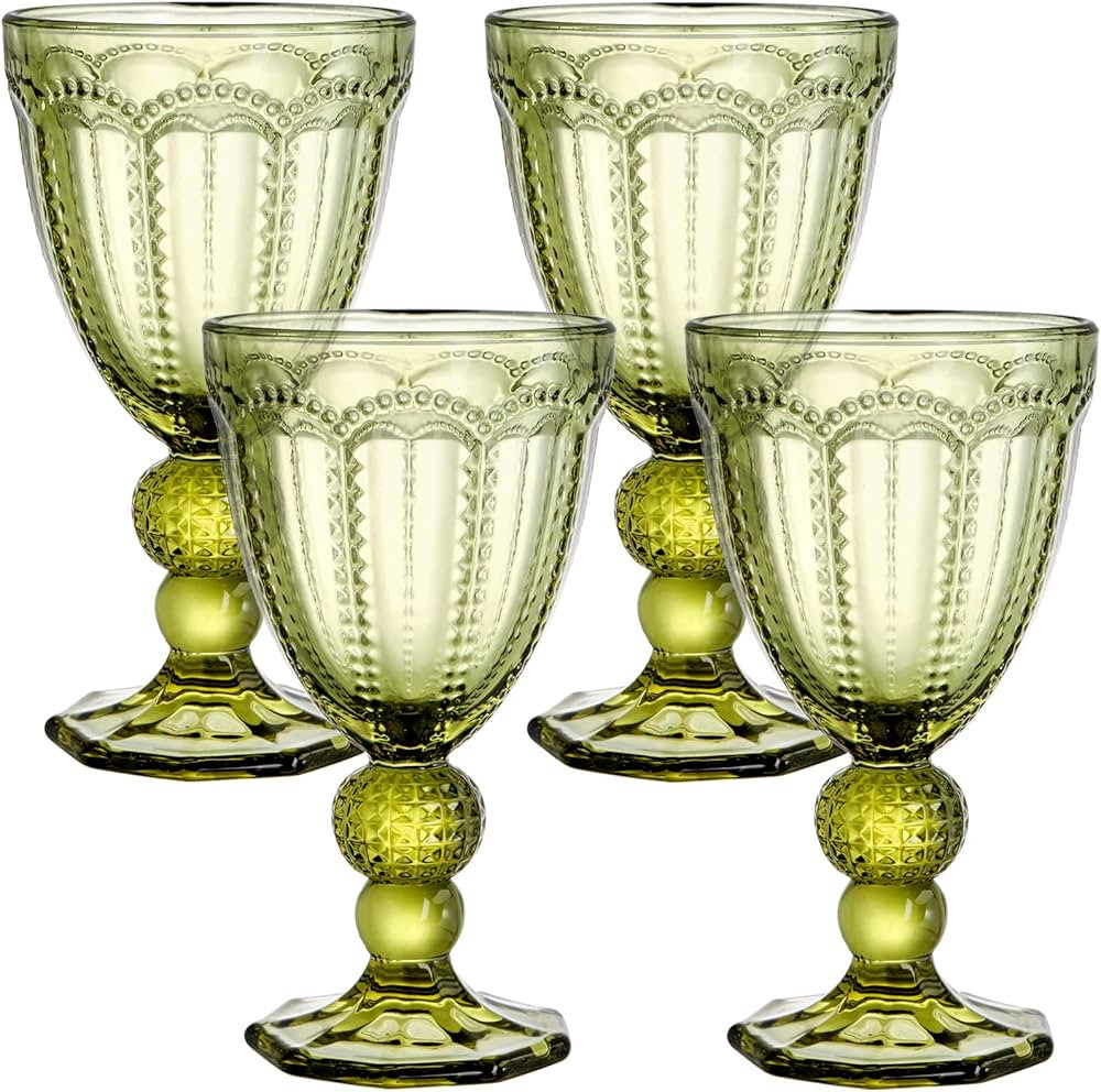 Elsjoy Set of 4 Vintage Green Wine Glass, 8.5 Oz Embossed Glass Goblet Colored Stemmed Drinking G... | Amazon (US)
