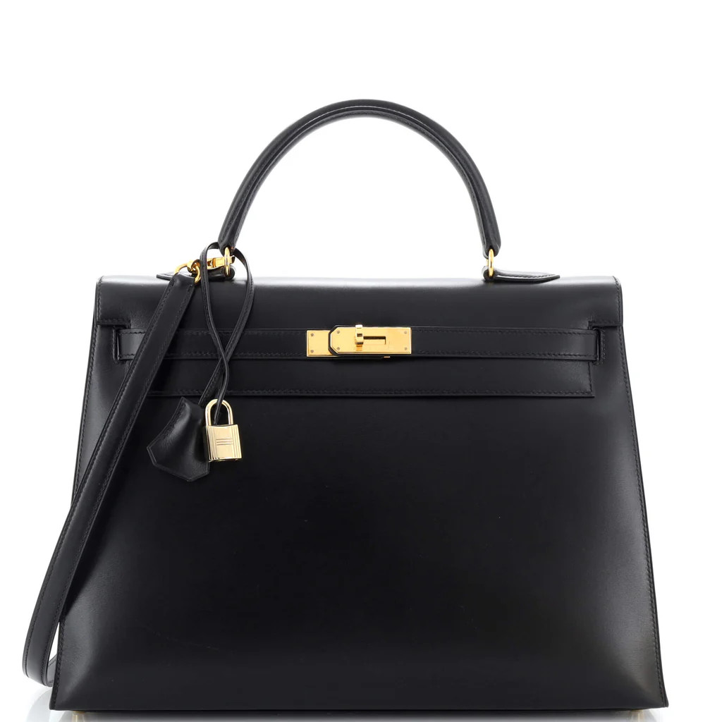 Kelly Handbag Noir Box Calf with Gold Hardware 35 | Rebag