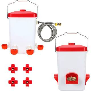 Automatic Chicken Feeder and Waterer Set with 3 Gal. Waterer Nipples and Feeding Ports for Poultry Coop Accessories | The Home Depot
