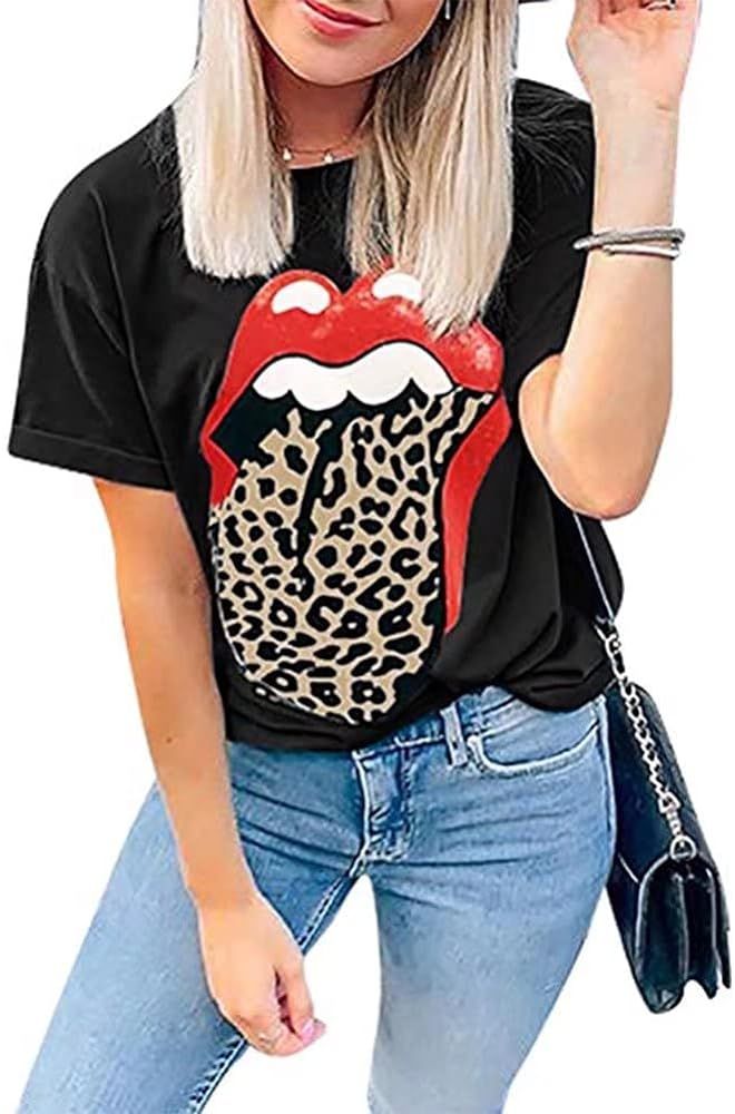 Elosele Women Red Lip Leopard Tongue T-Shirt Short Sleeve Cute Graphic Teen Girls Tee Tops | Amazon (US)