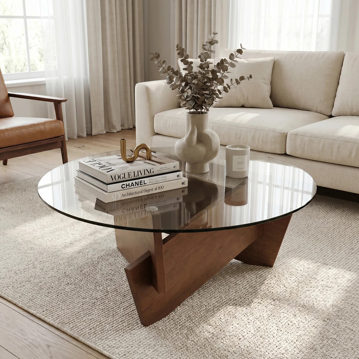 35.4" Modern Round Coffee Table, Tempered Glass Top With Mid Century Wood Base, Center Table For ... | Wayfair North America