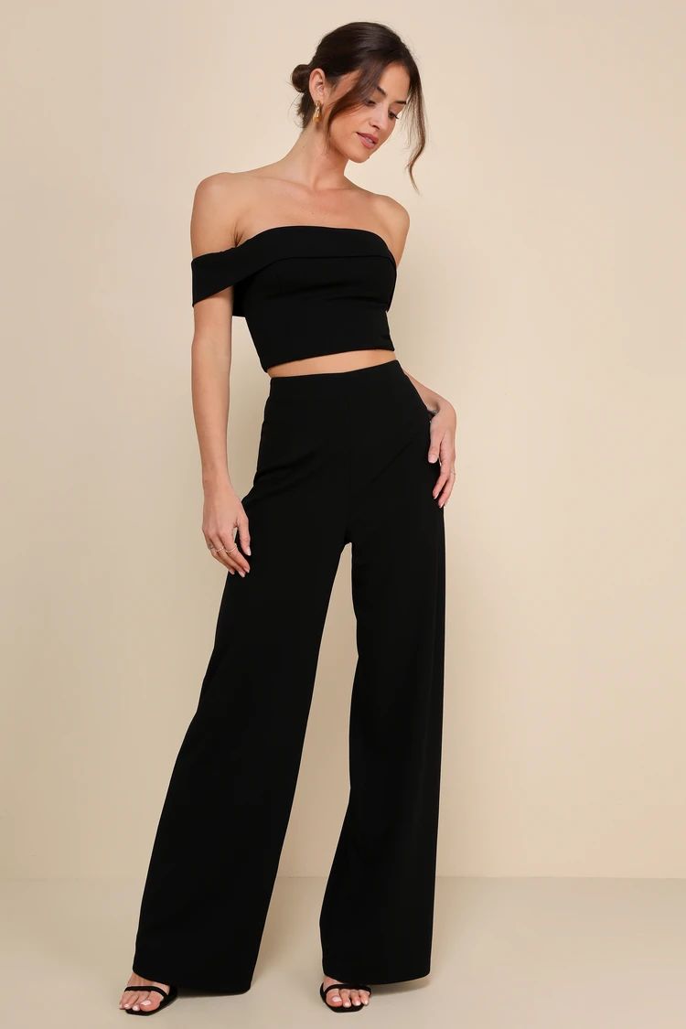 Exponentially Chic Black Off-the-Shoulder Two-Piece Jumpsuit | Lulus